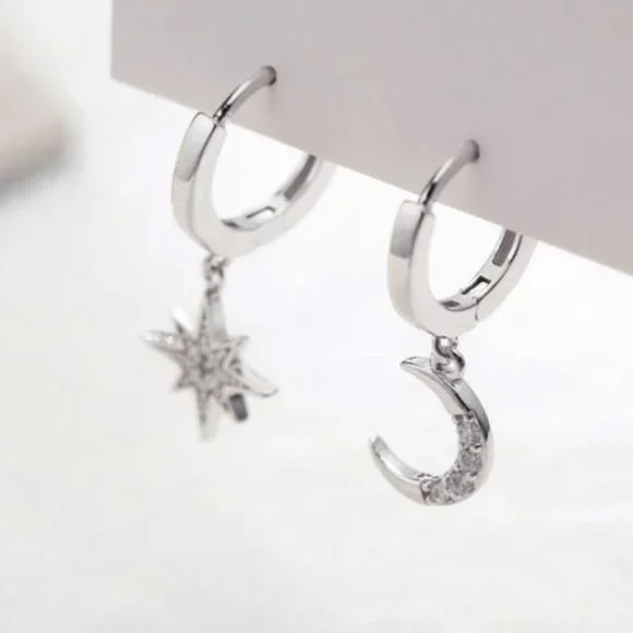 NEW 925 STERLING SILVER DIAMOND MOON STAR HOOPS, nice hoops, cute hoops - Picture 5 of 7
